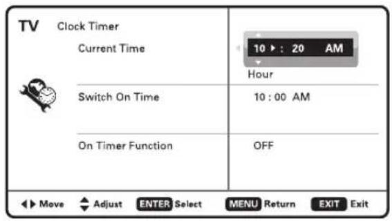 TV Clock Timer Current Time 10 : 20 AM Hour Switch On Time 10 : 00 AM On Timer Function OFF ◄► Move ◄► Adjust ENTER Select MENU Return EXIT Exit