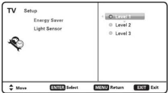 TV Setup Energy Saver Light Sensor Level 1 Level 2 Level 3 Move ENTER Select MENU Return EXIT Exit