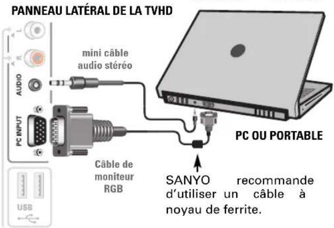 PANNEAU LATÉRAL DE LA TVHD mini câble audio stéréo PC INPUT Câble de moniteur RGB PC OU PORTABLE SANYO recommande d'utiliser un câble à noyau de ferrite.