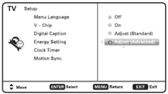 TV Setup Menu Language V - Chip Digital Caption Energy Setting Clock Timer Motion Sync. Off On Adjust (Standard) Adjust (Advanced) Move ENTER Select MENU Return EXIT Exit