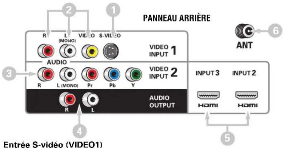 PANNEAU ARRIÈRE R L VIDEO S-VI EEO VIDEO INPUT 1 AUDIO AUDIO INPUT 2 R L (MONO) Pr Pb Y AUDIO OUTPUT INPUT 3 INPUT 2 HDMI HDMI Entrée S-vidéo (VIDEO1) 6 ANT 5