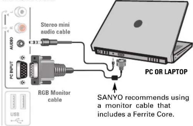 Stereo mini audio cable PC INPUT RGB Monitor cable PC OR LAPTOP SANYO recommends using a monitor cable that includes a Ferrite Core.