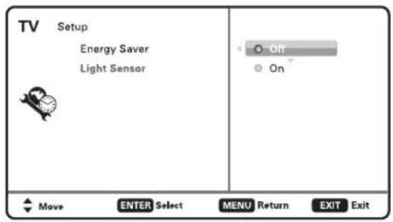 TV Setup Energy Saver Light Sensor Off On Move ENTER Select MENU Return EXIT Exit