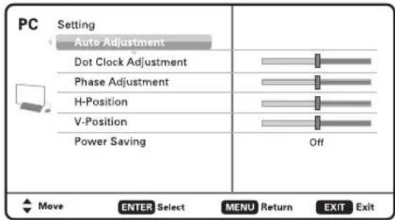 PC Setting Auto Adjustment Dot Clock Adjustment Phase Adjustment H-Position V-Position Power Saving Off Move ENTER Select MENU Return EXIT Exit