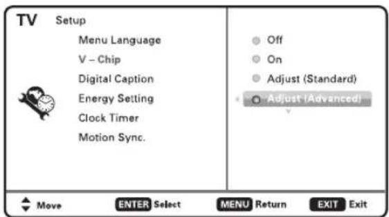 TV Setup Menu Language V - Chip Digital Caption Energy Setting Clock Timer Motion Sync. Off On Adjust (Standard) Adjust (Advanced) Move ENTER Select MENU Return EXIT Exit
