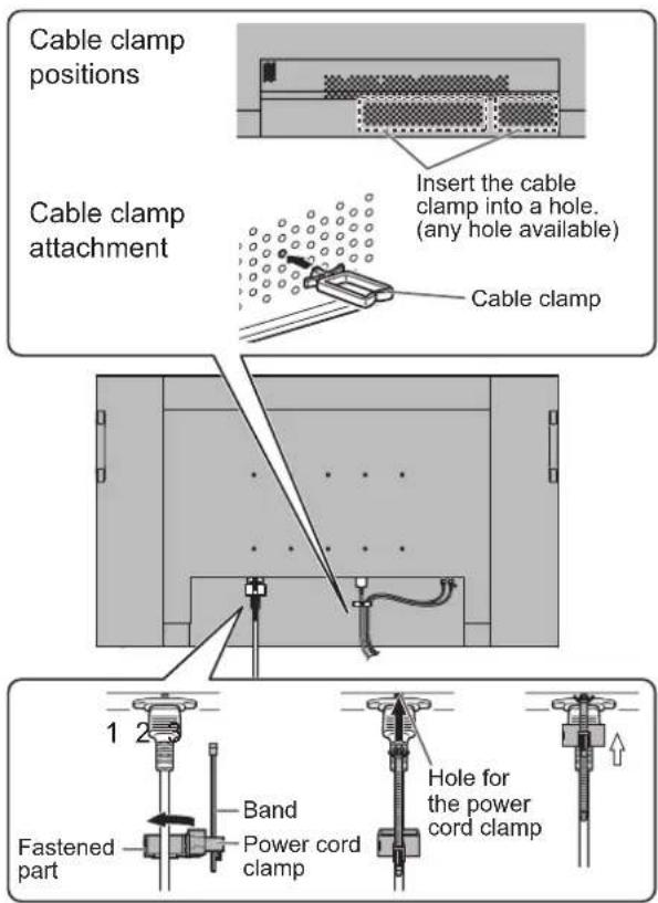 Cable clamp positions Insert the cable clamp into a hole. (any hole available) Cable clamp attachment 1 2 Band Power cord clamp Hole for the power cord clamp Fastened part
