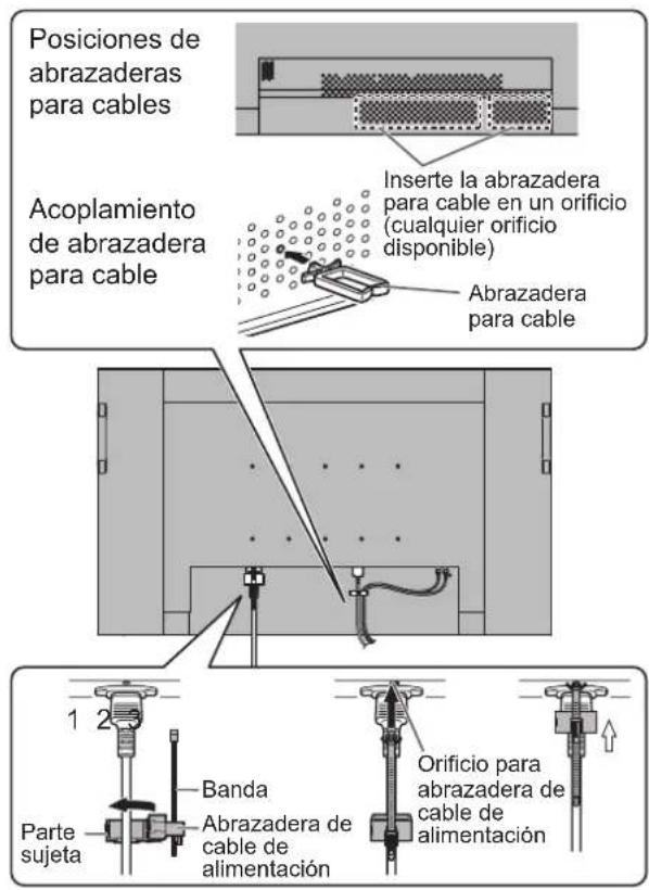 Posiciones de abrazaderas para cables Acoplamiento de abrazadera para cable Inserte la abrazadera para cable en un orificio (cualquier orificio disponible) Abrazadera para cable 1 2 Banda Parte sujeta Abrazadera de cable de alimentación Orificio para abrazadera de cable de alimentación