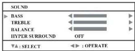 SOUND ► BASS TREBLE BALANCE IHYPER SURROUND OFF ▼▲ : SELECT ◀ ▶ : OPERATE