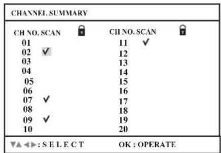 CHANNEL.SUMMARY CH NO. SCAN CII NO. SCAN 01 11 ✓ 02 ✓ 12 03 13 04 14 05 15 06 16 07 ✓ 17 08 18 09 ✓ 19 10 20 ▼▲◀: SELECT OK : OPERATE