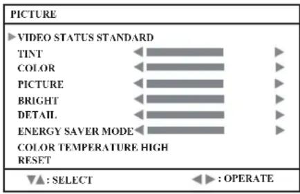 PICTURE VIDEO STATUS STANDARD TINT COLOR PICTURE BRIGHT DETAIL. ENERGY SAVER MODE COLOR TEMPERATURE HIGH RESET ▼▲: SELECT ◀▶: OPERATE