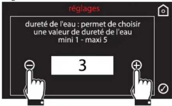 Réglages : dureté de l'eau. Permet de choisir une valeur de dureté de l'eau. Mini 1 - maxi 5. 3.