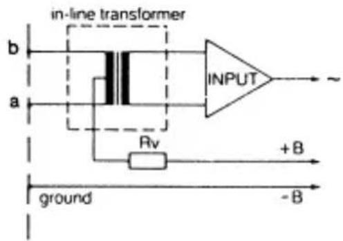in-line transformer b a INPUT ~ Rv + B ground -B
