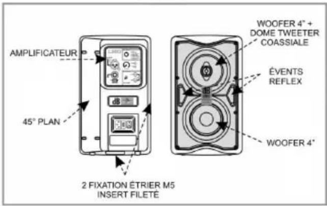 AMPLIFICATEUR 45° PLAN 2 FIXATION ÉTRIER M5 INSERT FILETÉ WOOFER 4" + DOME TWEETER COASSIALE ÉVENTS REFLEX WOOFER 4"