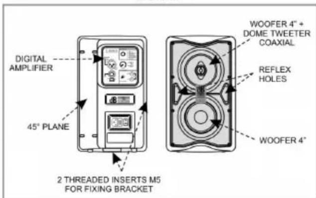 DIGITAL AMPLIFIER 45° PLANE 2 THREADED INSERTS M5 FOR FIXING BRACKET WOOFER 4" + DOME TWEETER COAXIAL REFLEX HOLES WOOFER 4"