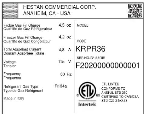 Hestan KRPR36YW - RATING LABEL - 1