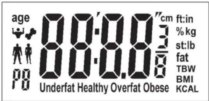 age 00:00"cm ft:in % kg st:lb fat TBW BMI KCAL Underfat Healthy Overfat Obese