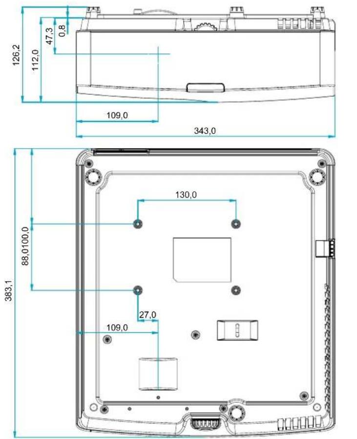 OPTOMA EH340UST - Dimensions du projecteur et installation au plafond - 1