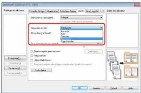 CANON imageFORMULA DRG2110 - Ouvrez l'écran des paramètres du pilote du scanner et Sélectionnez [Patchcode] dans [Séparation delots] de l'onglet [Autres]. - 1