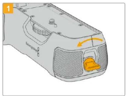 Blackmagic Design Pocket Cinema Camera 4K - Blackmagic Pocket Camera Battery Gripにバッテリ一を挃入する: - 1