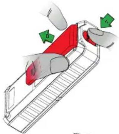 Diagram showing a red object being processed by two hands, labeled A and B, with directional arrows indicating process flow.