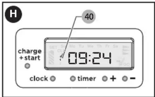 H 40 charge +start SET Sa Mo Tu We Th Fr Sa CH 09:24 clock timer + -