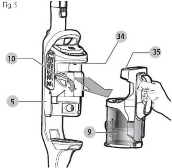 BLACK & DECKER HCUA525JA - Désengagement du bac à poussière (Fig. R-T) - 1