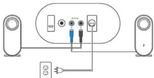 Diagram showing audio connection setup with speaker, audio jack, and power outlet connections