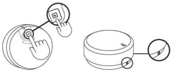 Diagram showing two hand positions: one pointing at a device, the other with a magnified view of a device.