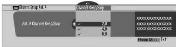 Channel Setup Ant, A Channel Keep/Skip Ant, A Channel Keep/Skip 2.0 4.0 6.0 Home Menu Exit