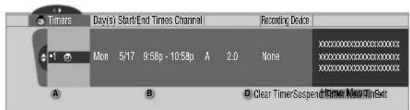 Timers Day(s) Start/End Times Channel Recording Device Mon 5/17 9:56p - 10:58p A 2.0 None A B D Clear Timer Suspend Timer New Tim Exit