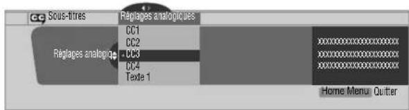 CC Sous-titres Replages analogiques CC1 CC2 CC3 CC4 Texte 1 Reglages analogique Home Menu Quitter