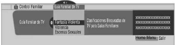 Control Familiar Guía Familiar de TV Guía Familiar de TV Fantasia Vialenta Vibilencia Escenes Sexuales Clasificaciones Bocueadas de TV para Guías Familiares Home Menu Salir