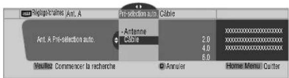 Réplage-chains (Ant. A Pre-selection auto Câble Ant. A Pré-selection auto. -Antenne Câble 2.0 4.0 6.0 xxxxxxxxxxxxxxxxxxxxxxx xxxxxxxxxxxxxxxxxxxxxx xxxxxxxxxxxxxxxxxxxxxx Xueillez Commencer la recherche D Annuler Home Menu Counter