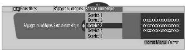 CC Sous-fitres Réglages numériques Service numérique Réglages numériques Service numérique Service 1 Service 2 Service 3 Service 4 Service 5 Home Menu Quitter