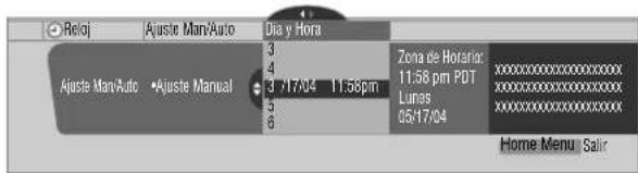 Reloj Ajuste Man/Auto Dia y Hora 3 4 3 17/04 11:58pm 5 6 Zona de Horario: 11:58 pm PDT Lunas 05/17/04 xxxxxxxxxxxxxxxxxxxxxxxx xxxxxxxxxxxxxxxxxxxxxxx xxxxxxxxxxxxxxxxxxxxxxx Home Menu Salir