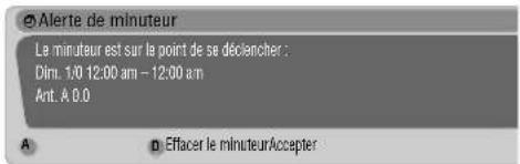 Alerte de minuteur Le minuteur est sur la point de se déclencher : Dim. 1:0 12:00 am - 12:00 am Ant. A 0.0 A Effacer le minuteurAccepter
