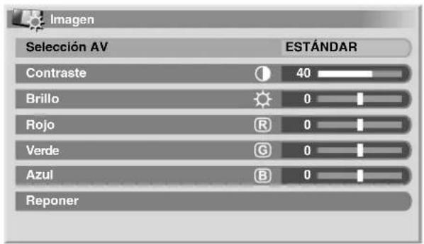 Imagen Selección AV ESTÁNDAR Contraste 40 Brillo 0 Rojo R 0 Verde G 0 Azul B 0 Reponer