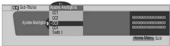 CC Sub-Tritulos Ajustes Analógicos CC1 CC2 - CC3 CC4 Texto 1 Home Menu: Salir