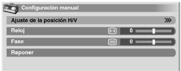 Configuración manual Ajuste de la posición H/V Reloj 0 Fase 0 Reponer