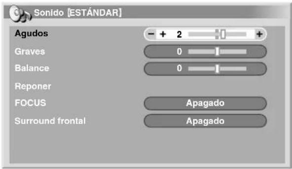 Sonido [ESTÁNDAR] Agudos - + 2 + Graves 0 Balance 0 Reponer FOCUS Apagado Surround frontal Apagado