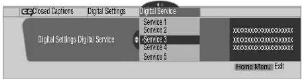 Closed Captions Digital Settings Digital Service Service 1 Service 2 Service 3 Service 4 Service 5 Home Menu Exit