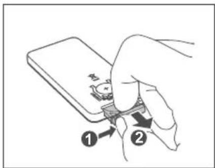 Diagram showing a hand inserting a device into a mobile phone, labeled with step numbers 1 and 2.