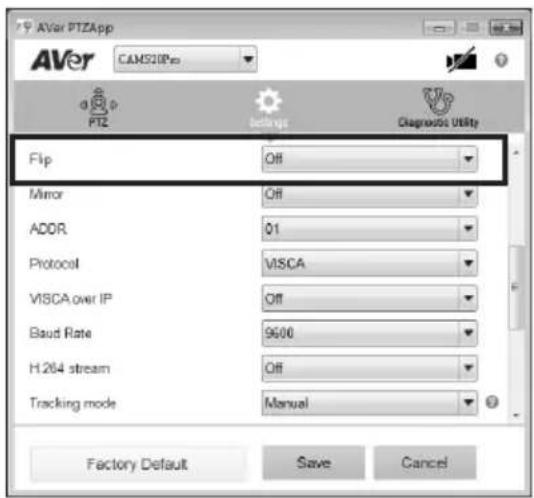 AVer PTZApp AVer CAMS20Ppo PTZ better Diagnosis Utility Flip Off Mirror Off ADDR 01 Protocol VISCA VISCA over IP Off Baud Rate 9600 H.264 stream Off Tracking mode Manual Factory Default Save Cancel