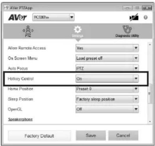 AVer PTZApp PC500Pin PTZ Settings Diagnostic Utility Allow Remote Access Yes On Screen Menu Load preset off Auto Focus PTZ Hotkey Control On Home Position Preset 0 Sleep Position Factory sleep position OpenGL Off Speakerphone Factory Default Save Cancel
