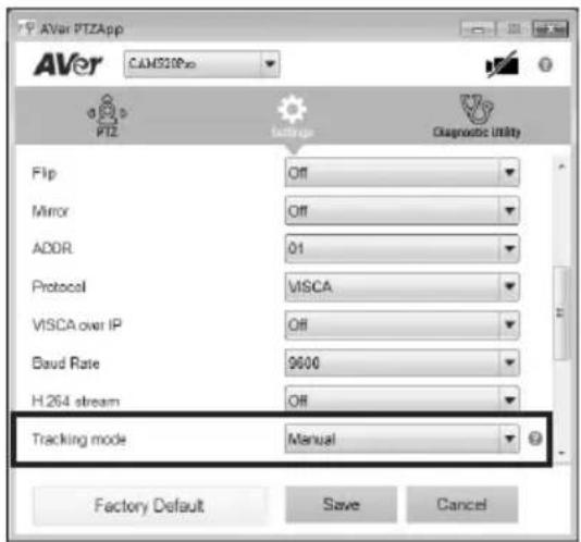 AVer PTZApp CAM520Ppo PTZ flake Diagnostic Utility Flip Off Mirror Off ADDR 01 Protocol VISCA VISCA over IP Off Baud Rate 9600 H.264 stream Off Tracking mode Manual Factory Default Save Cancel
