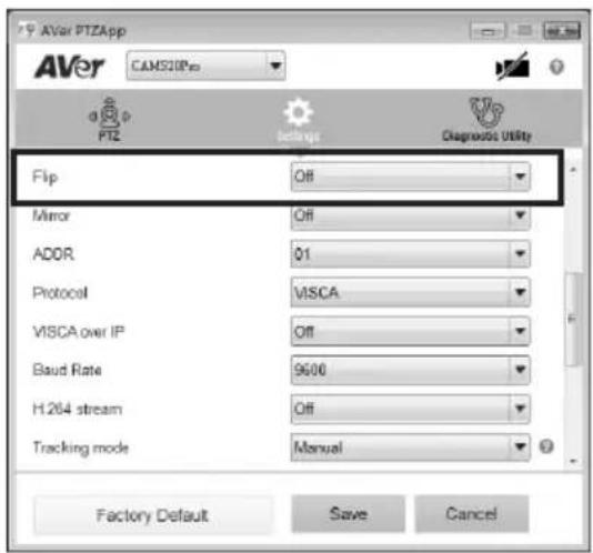 AVer PTZApp AVer CAMS20Ppo PTZ Settings Diagnosis Utility Flip Off Mirror Off ADDR 01 Protocol VISCA VISCA over IP Off Baud Rate 9600 H.264 stream Off Tracking mode Manual Factory Default Save Cancel
