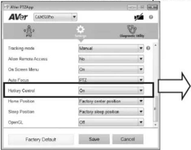 AVer PTZApp CANSUIPro PTZ Settings Diagnostic Utility Tracking mode Manual Allow Remote Access No On Screen Menu On Auto Focus PTZ Hotkey Control On Home Position Factory center position Sleep Position Factory sleep position OpenGL Off Factory Default Save Cancel