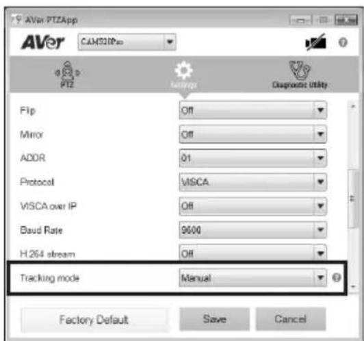 AVer PTZApp CAM50IPo PTZ Flip Mirror ADDR Protocol VISCA over IP Baud Rate H.264 stream Tracking mode Manual Factory Default Save Cancel Diagnostic Utility