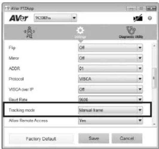 AVer PTZApp 7C50Fps PTZ Update Diagnostic Utility Flip Off Mirror Off ADDR 01 Protocol MSCA VISCA over IP Off Baud Rate 9600 Tracking mode Manual frame Allow Remote Access Yes Factory Default Save Cancel