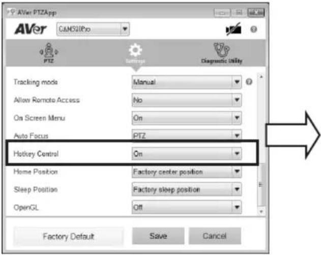 AVer PTZApp AVer CAM520Pro PTZ Settings Diagnostic Utility Tracking mode Manual Allow Remote Access No On Screen Menu On Auto Focus PTZ Hotkey Control On Home Position Factory center position Sleep Position Factory sleep position OpenGL Off Factory Default Save Cancel